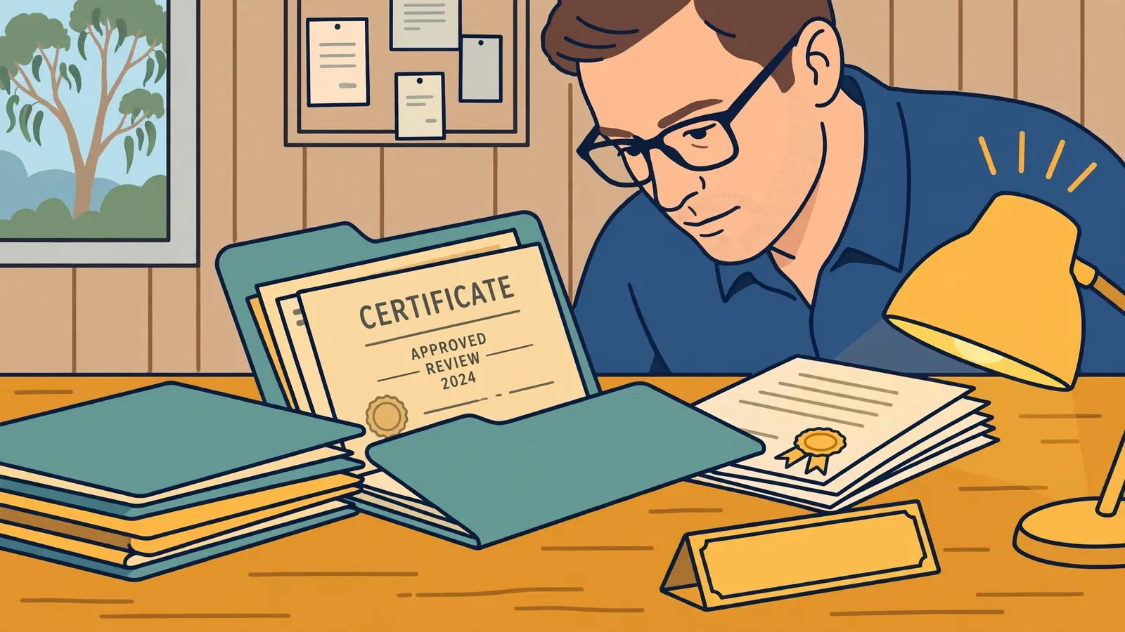 Reviewer examining paper certificates and folders at an oak desk.