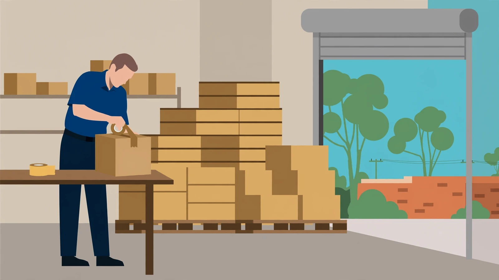 Officer sealing a cardboard box of confiscated items in a warehouse.